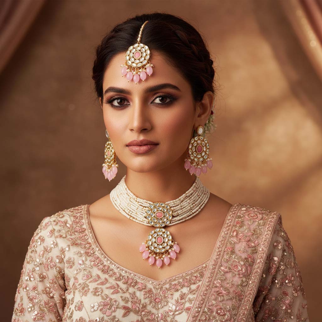 Stylish Pink Color Choker Kundan Necklace Set For Trendy Look