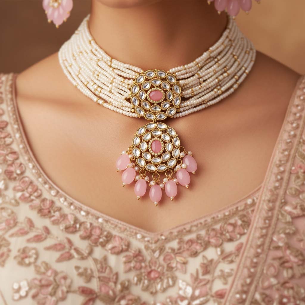 Stylish Pink Color Choker Kundan Necklace Set For Trendy Look