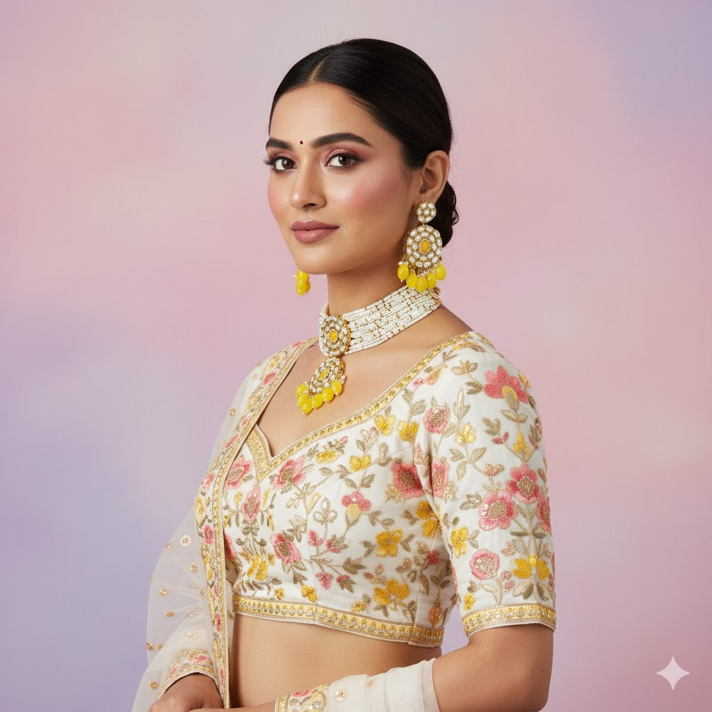 Yellow Color Choker Kundan Necklace Set With Traditional Design Accents