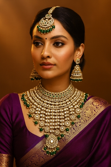 Elegant Green Color Kundan Necklace Set Crafted With Traditional Handmade Work For Wedding Jewelry