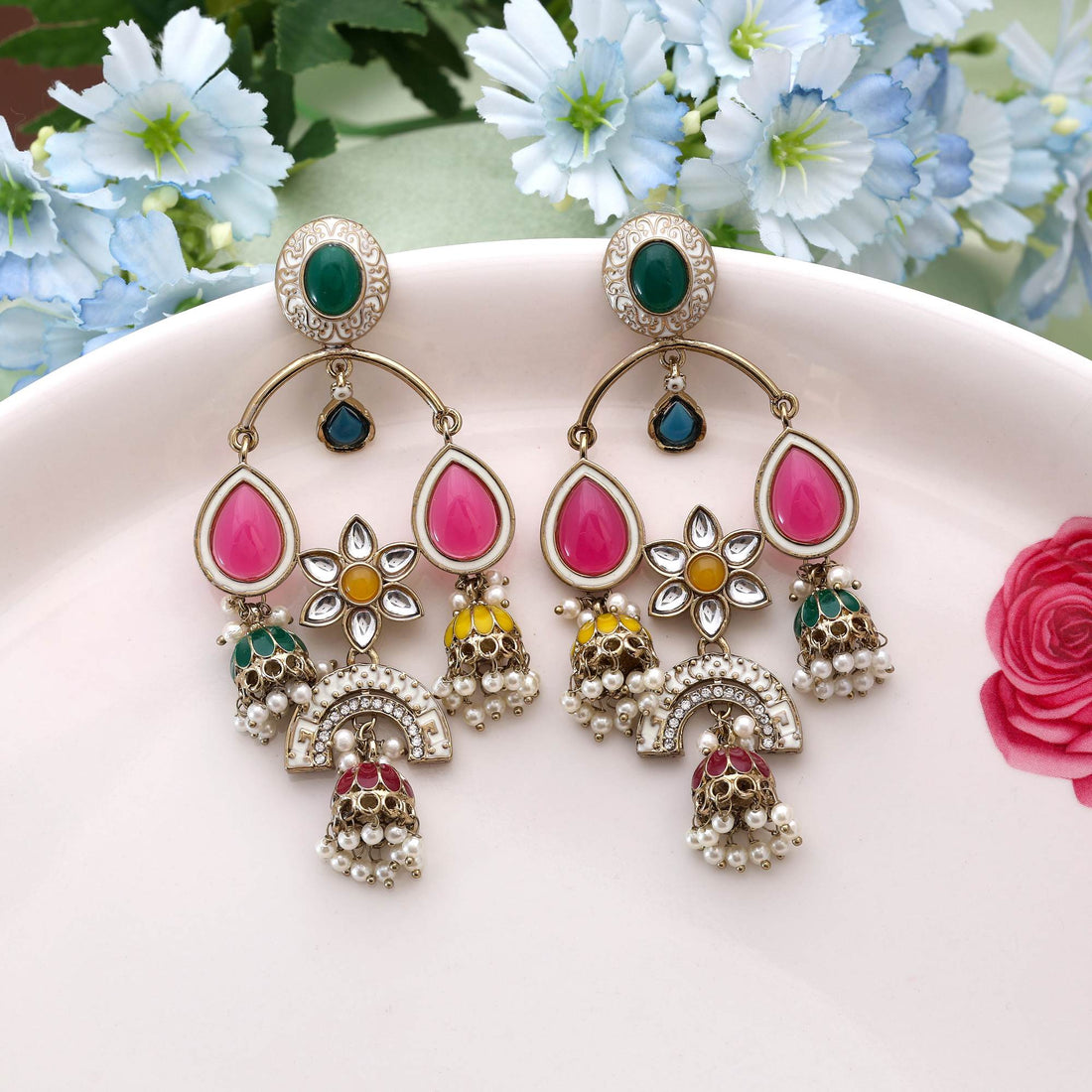 Multi Color Kundan Earrings Featuring Vibrant Traditional Handmade Stones For Festive Occasions