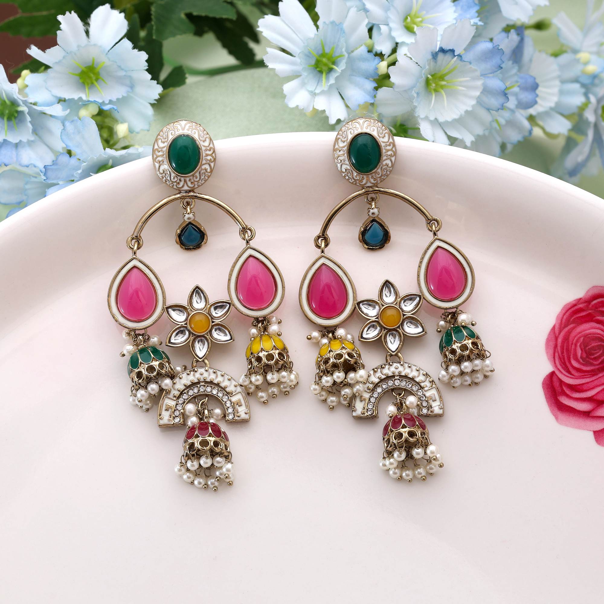 Multi Color Kundan Earrings Featuring Vibrant Traditional Handmade Stones For Festive Occasions