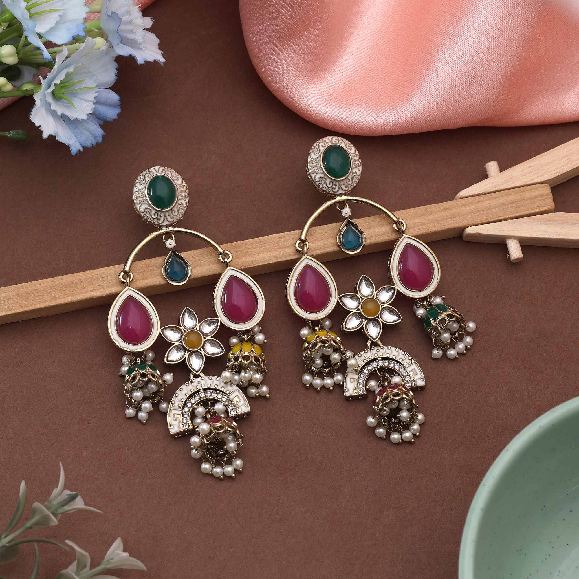 Multi Color Kundan Earrings Featuring Vibrant Traditional Handmade Stones For Festive Occasions