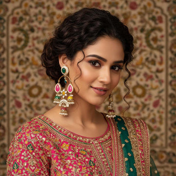 Multi Color Kundan Earrings Featuring Vibrant Traditional Handmade Stones For Festive Occasions