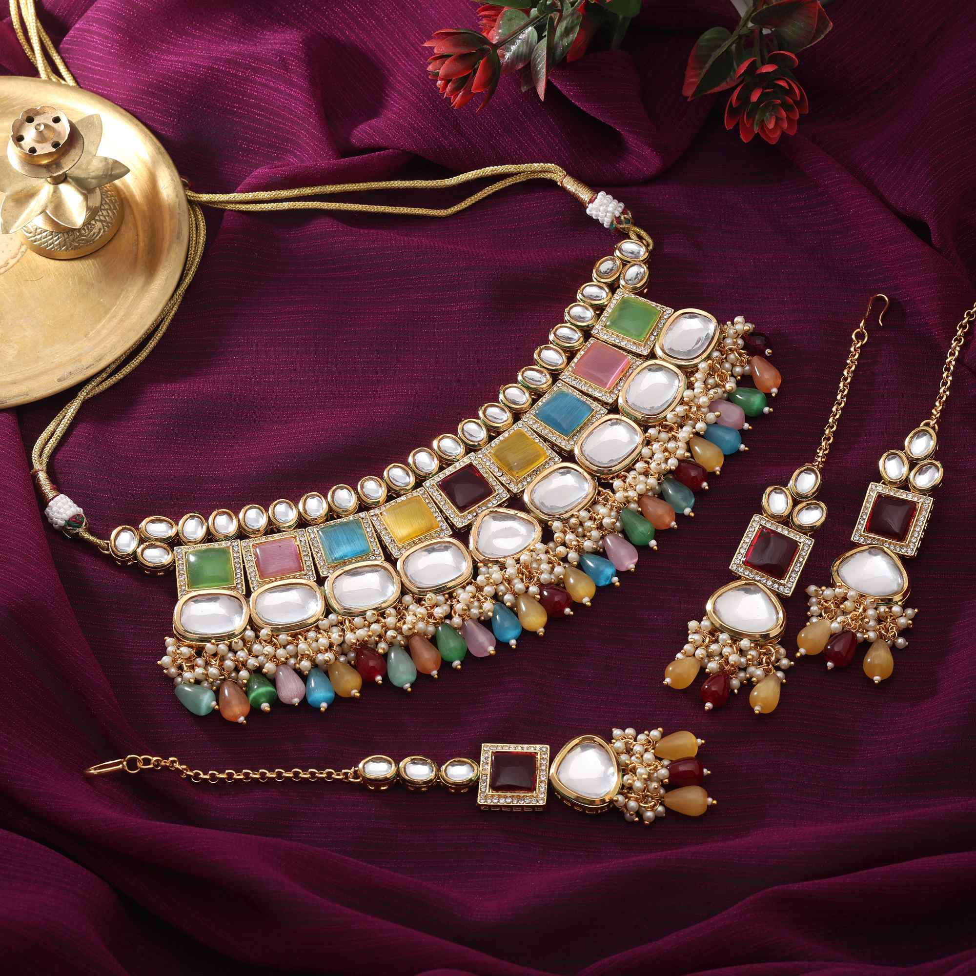 Multi Color Beautiful Handcrafted Back Side Meena Work Kundan Necklace Set For Special Events