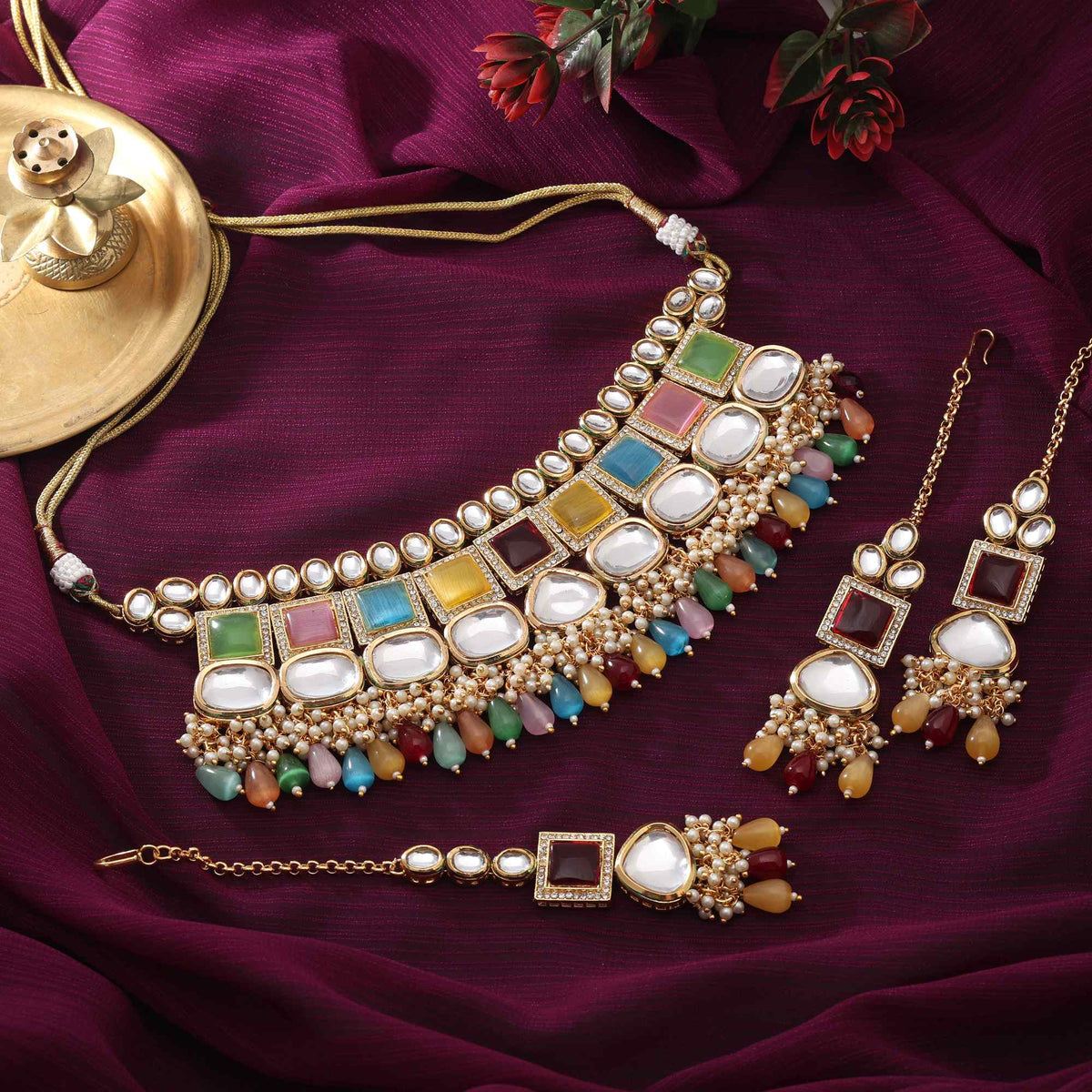 Traditional Multicolour Kundan Choker Necklace Set for Brides & Festive Occasions