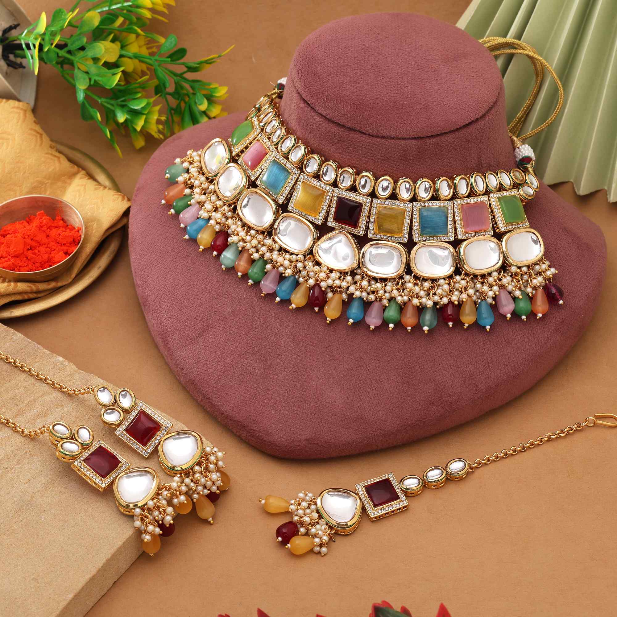 Multi Color Beautiful Handcrafted Back Side Meena Work Kundan Necklace Set For Special Events