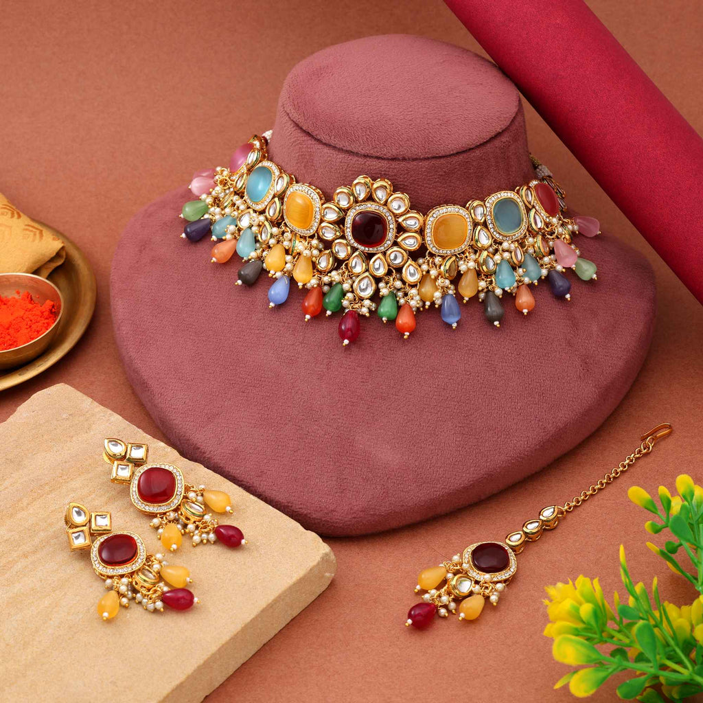 Traditional Multicolour Kundan Choker Set for Weddings
