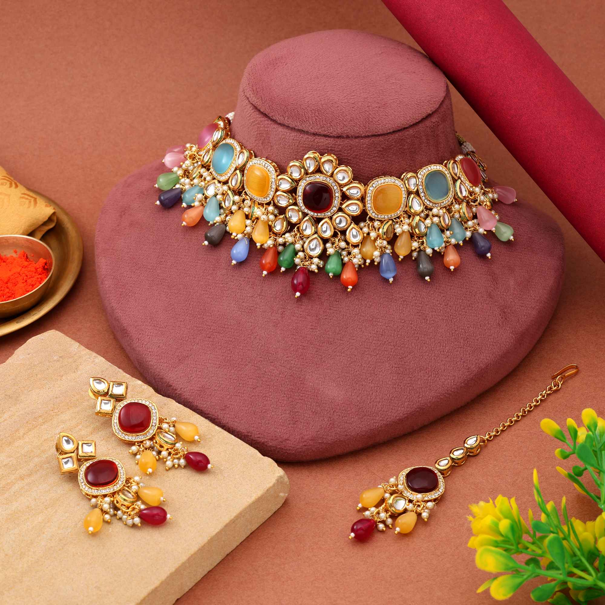 Multi Color Choker Traditional Style Back Side Meena Work Kundan Necklace Set For Bridal Wear
