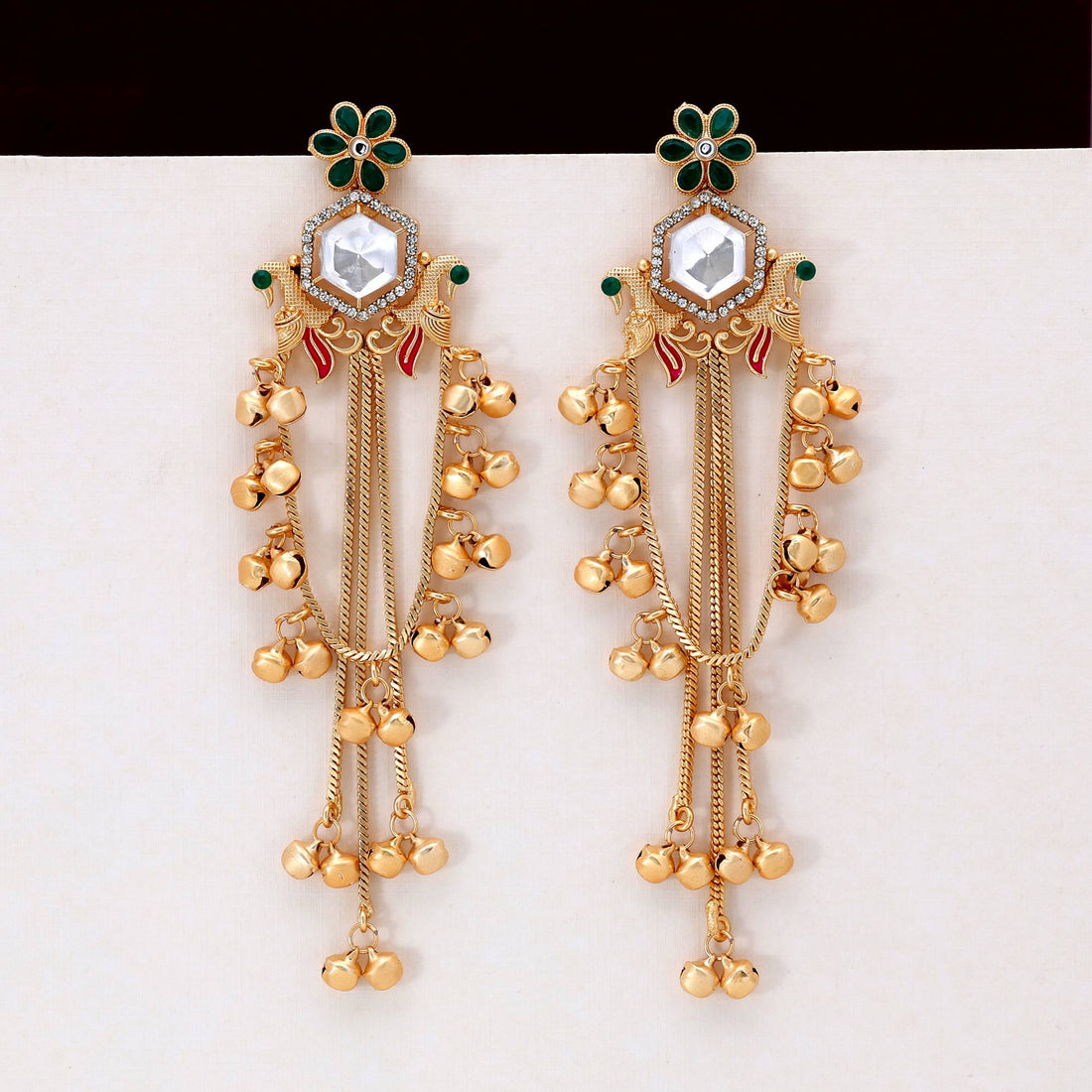 Green Color Stunning Antique Design Long Kashmiri Earrings For Party And Festive Use