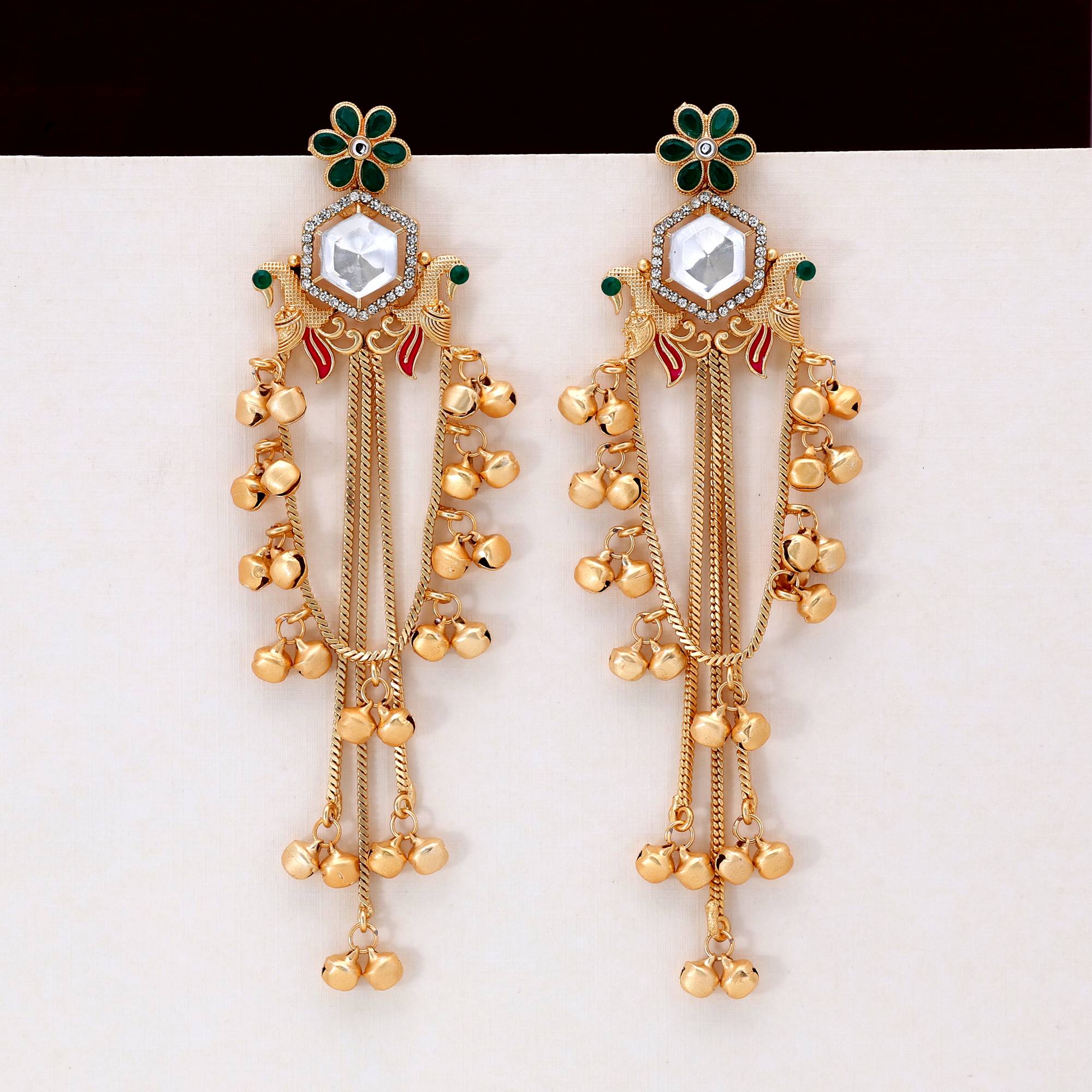 Green Color Stunning Antique Design Long Kashmiri Earrings For Party And Festive Use