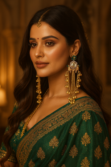 Green Color Stunning Antique Design Long Kashmiri Earrings For Party And Festive Use