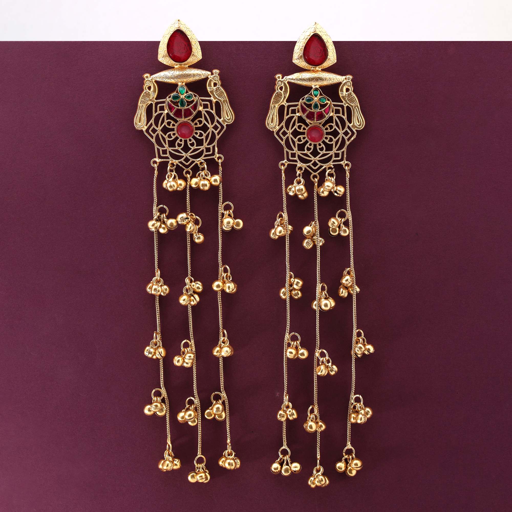 Maroon Color Traditional Party Wear Long Kashmiri Earrings For Brides And Women