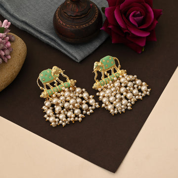 Unique Pista Green Color Elephant Design Meenakari Earrings Designed For Elegant Ethnic Wear