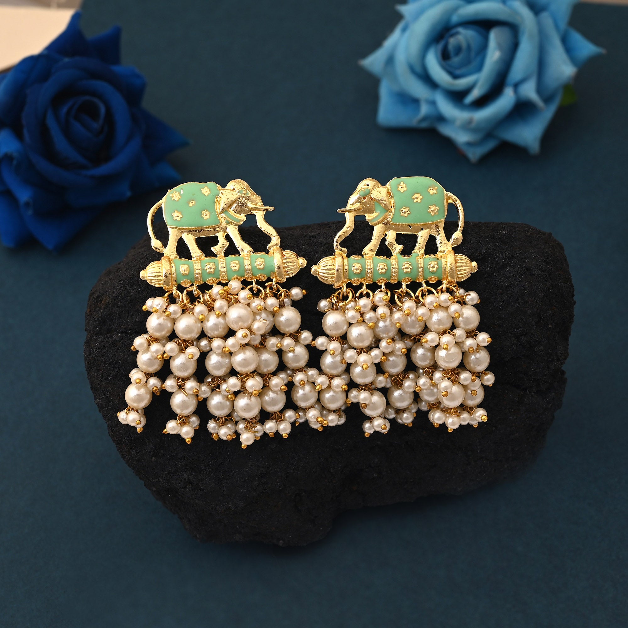 Unique Pista Green Color Elephant Design Meenakari Earrings Designed For Elegant Ethnic Wear