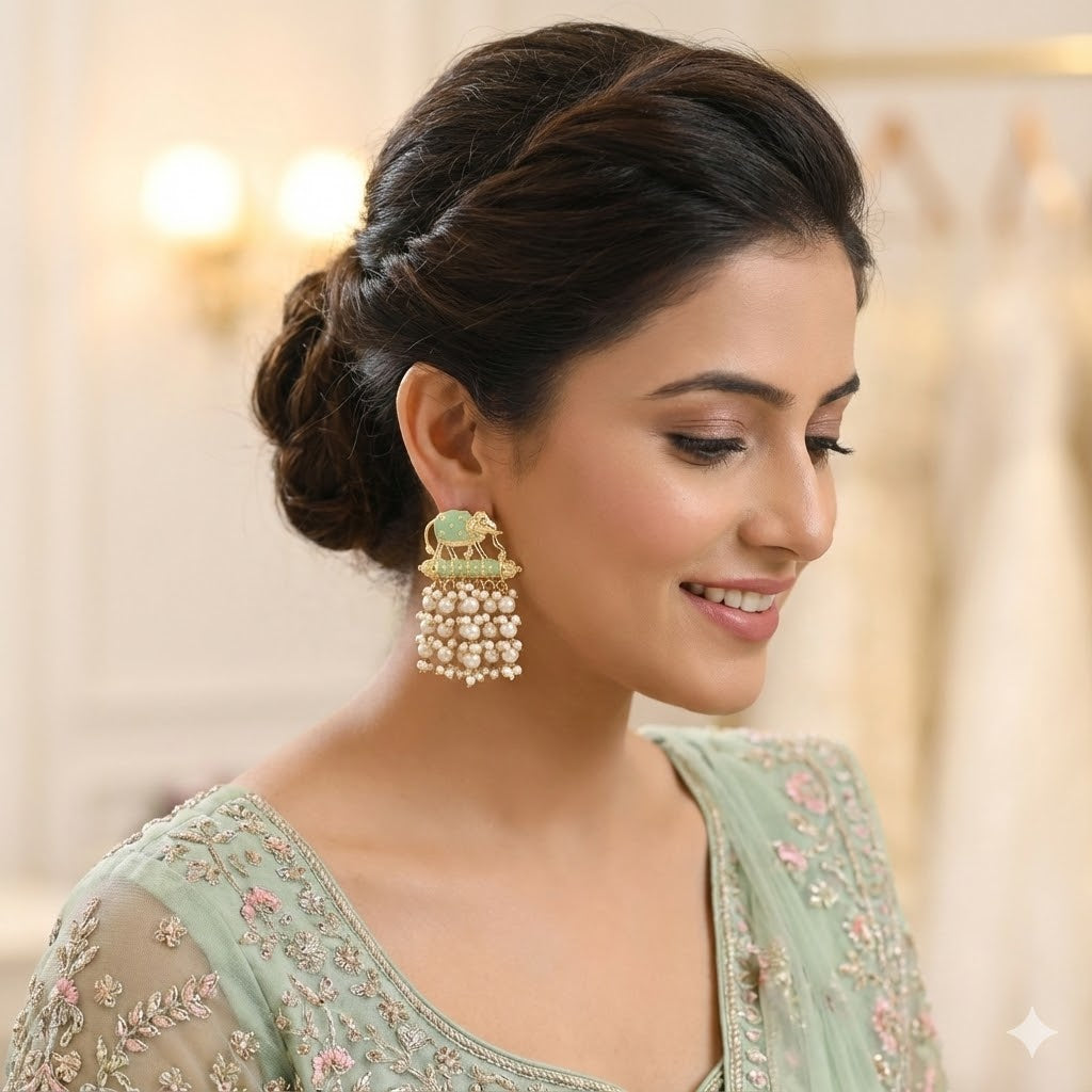 Unique Pista Green Color Elephant Design Meenakari Earrings Designed For Elegant Ethnic Wear