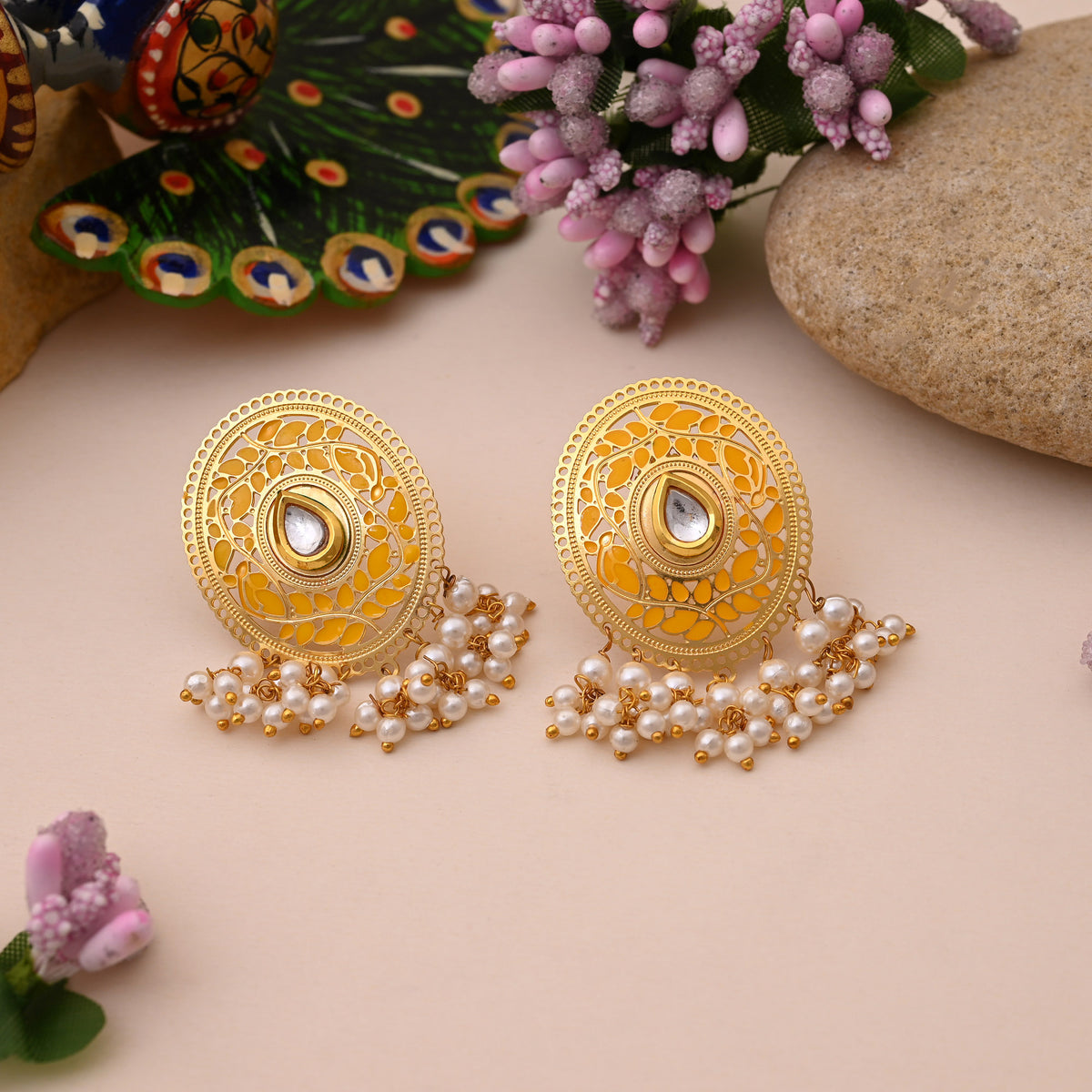 Yellow Meenakari Oval Earrings with Pearl Hangings