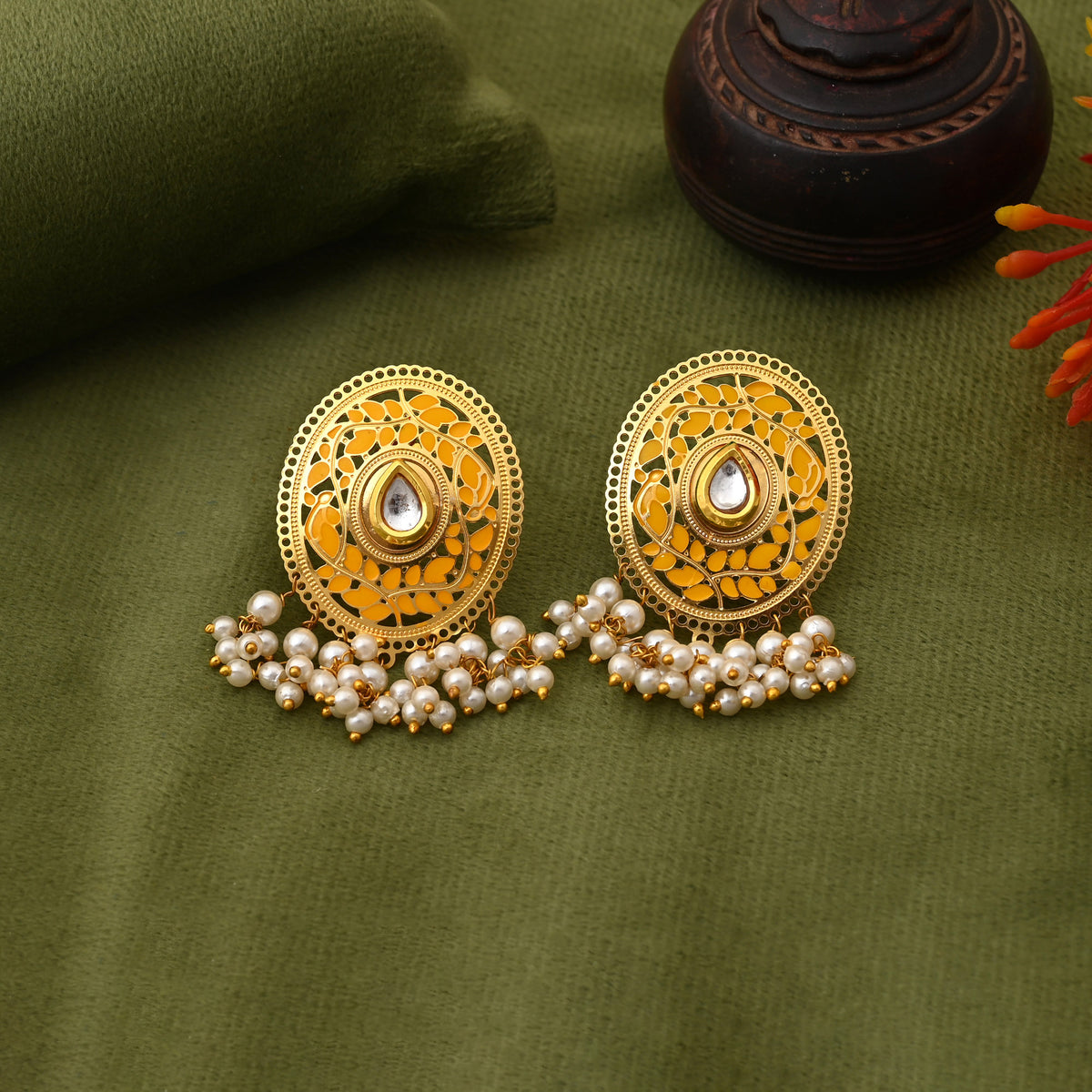 Yellow Meenakari Oval Earrings with Pearl Hangings