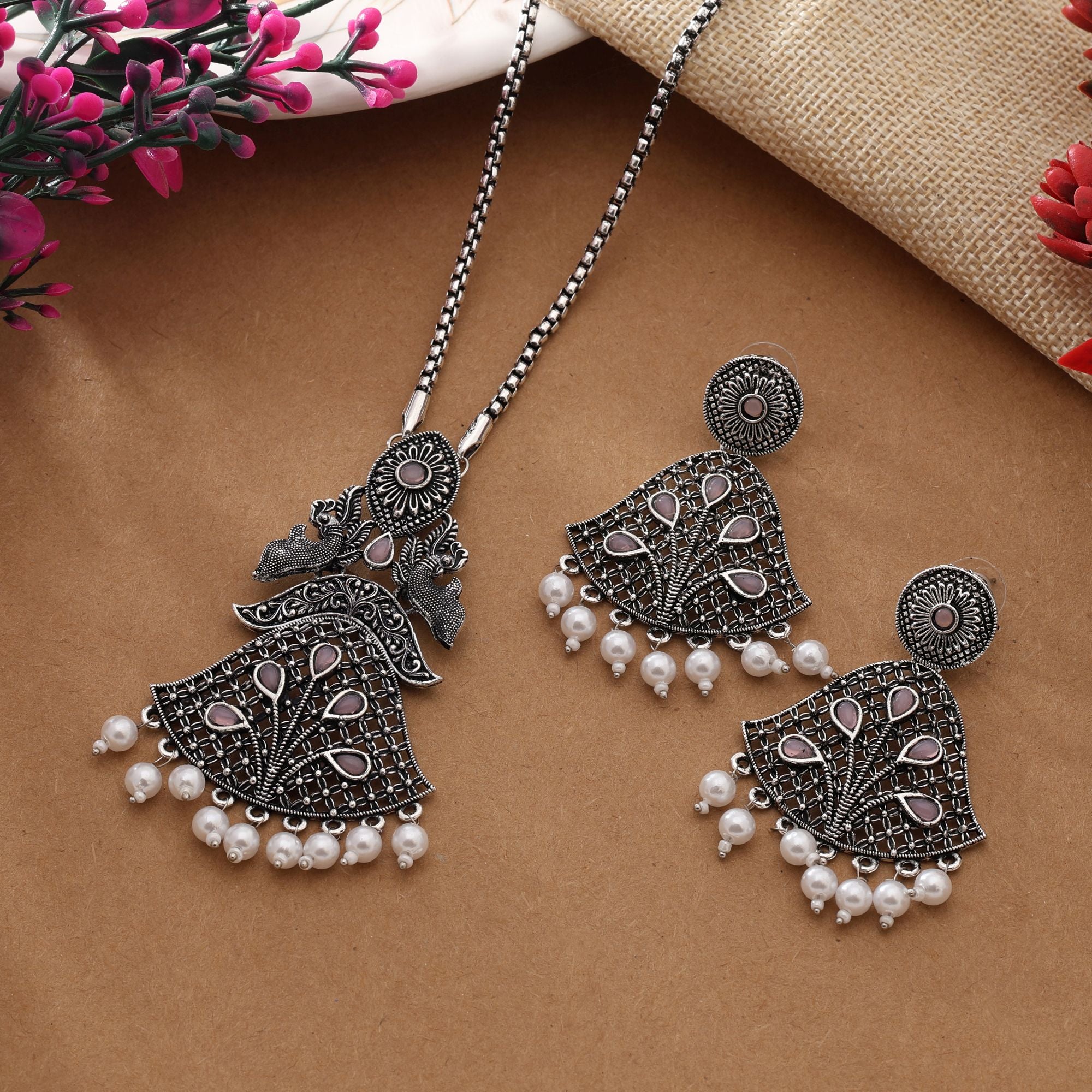 Elegant Pink Color Oxidised Necklace Set For Modern Ethnic Fusion Looks