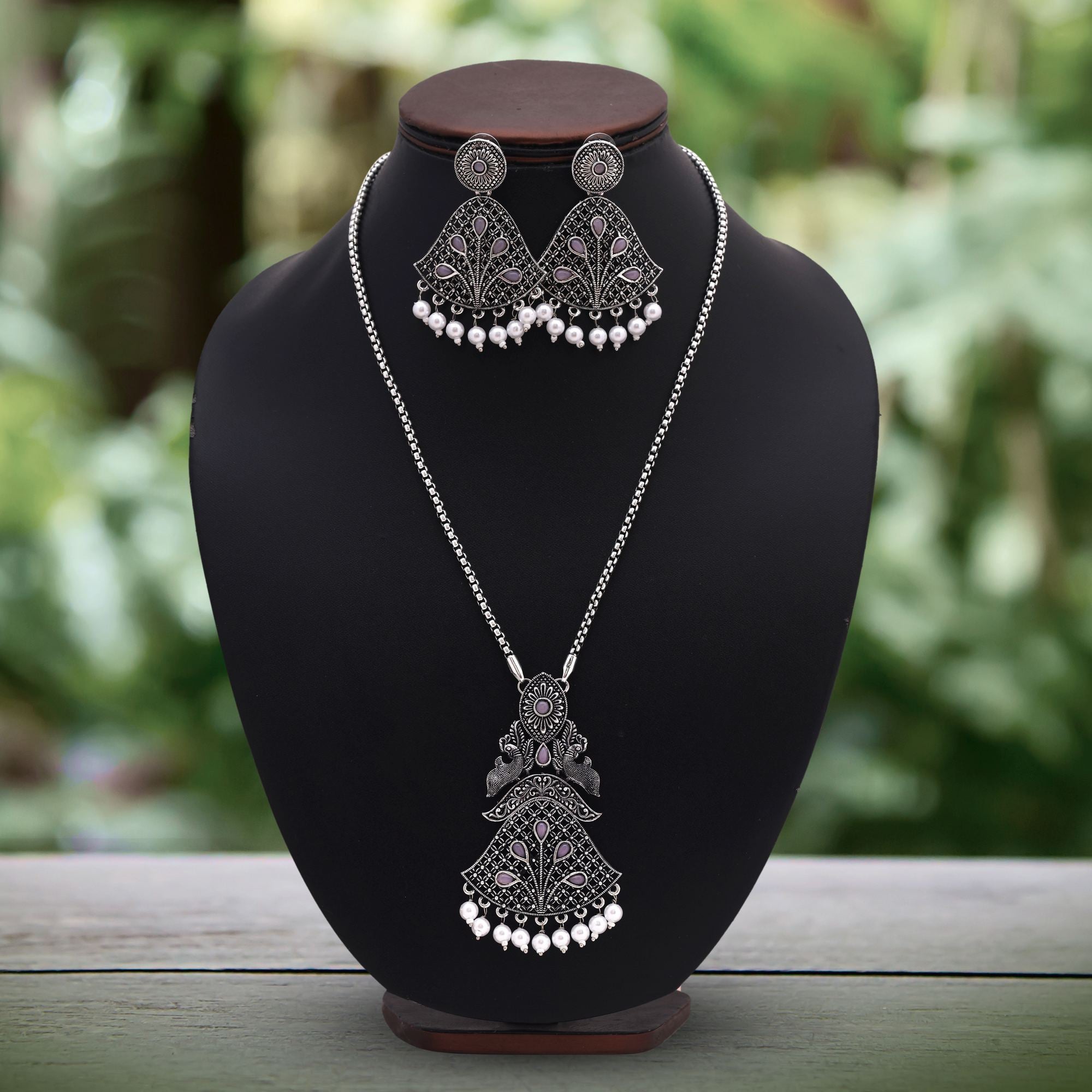 Elegant Pink Color Oxidised Necklace Set For Modern Ethnic Fusion Looks