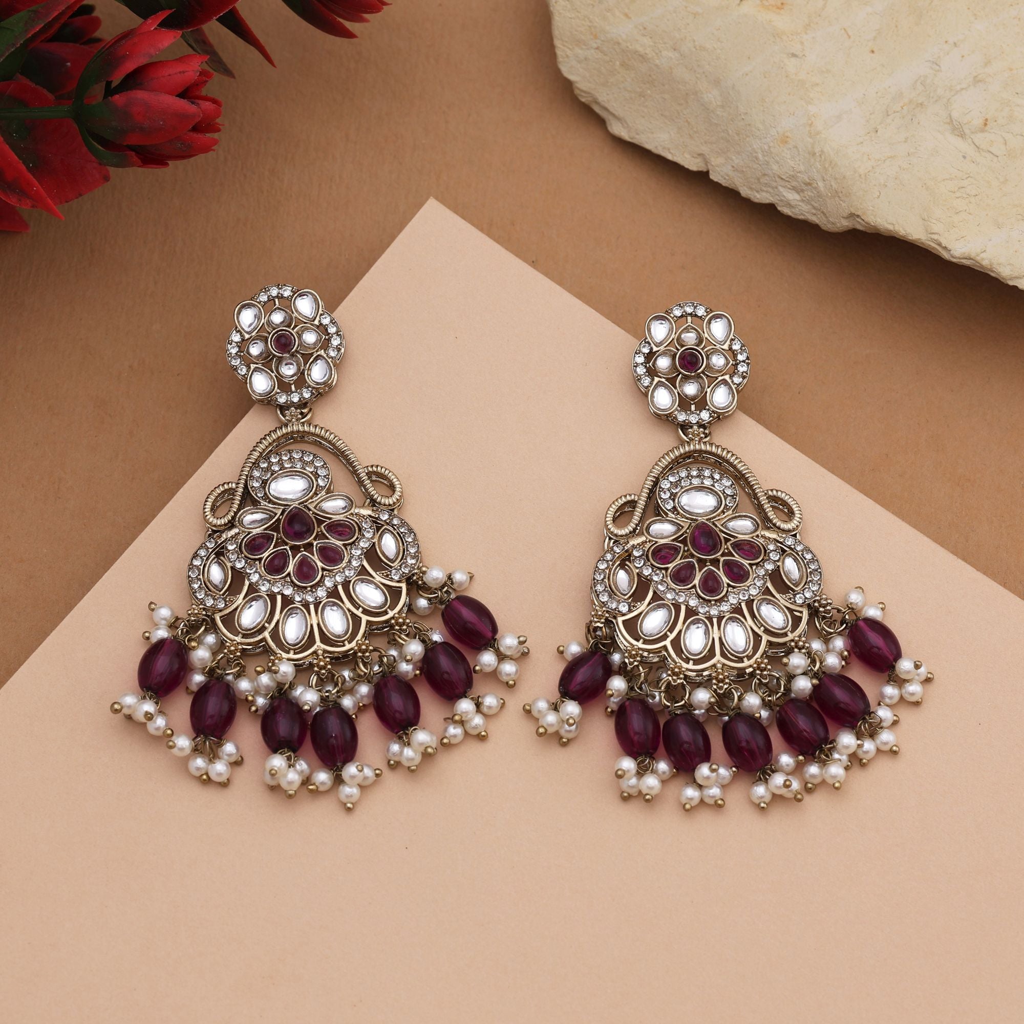 Stylish Purple Color Kundan Earrings With Detailed Stones For Wedding Jewellery