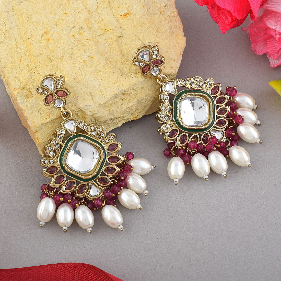 Magenta Color Kundan Earrings