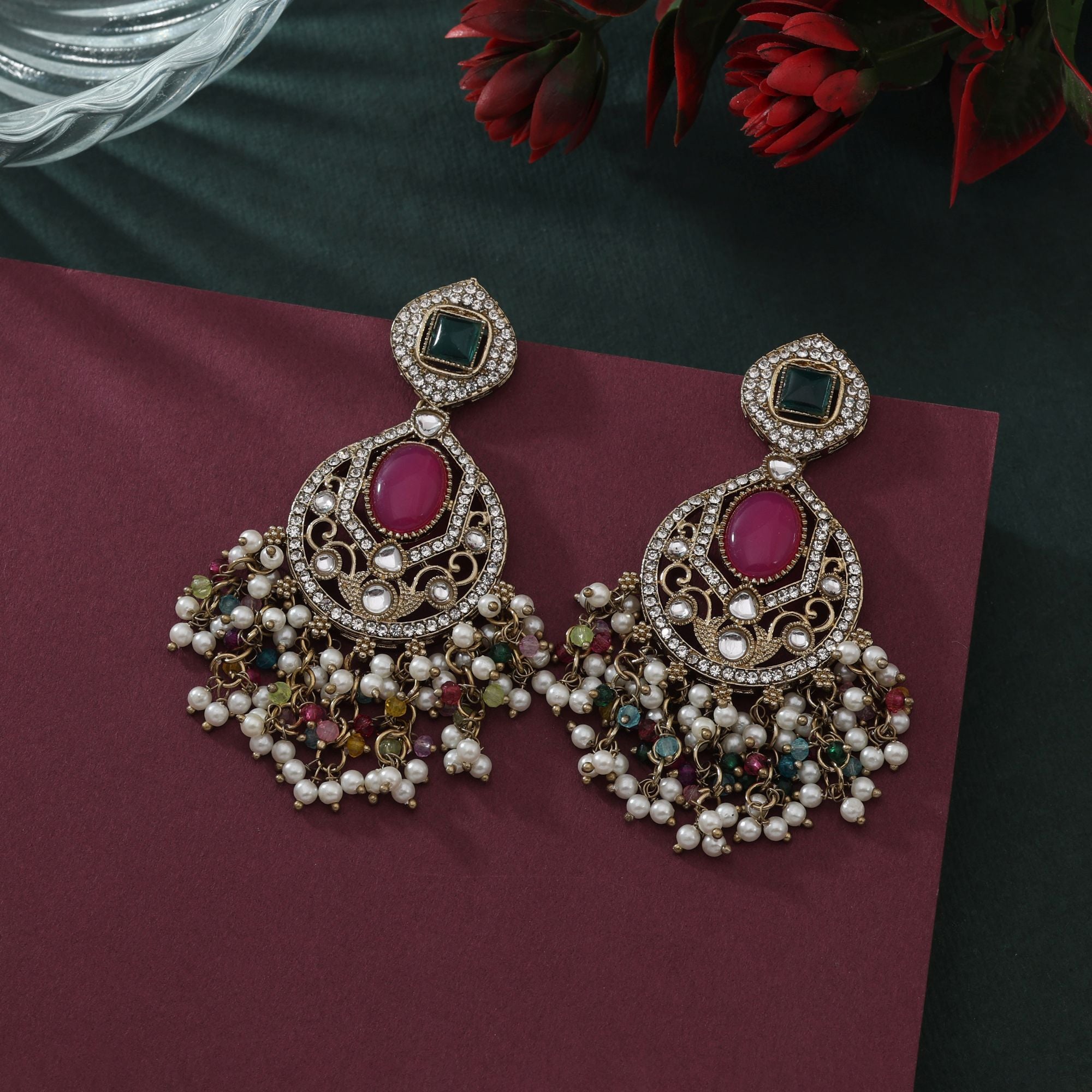 Colorful Multi Color Kundan Earrings For Party And Cultural Festive Wear