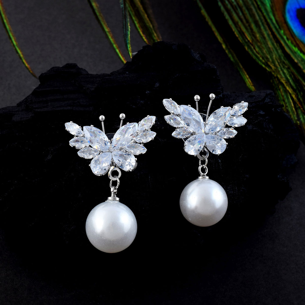 butterfly pearl drop earrings (silver)