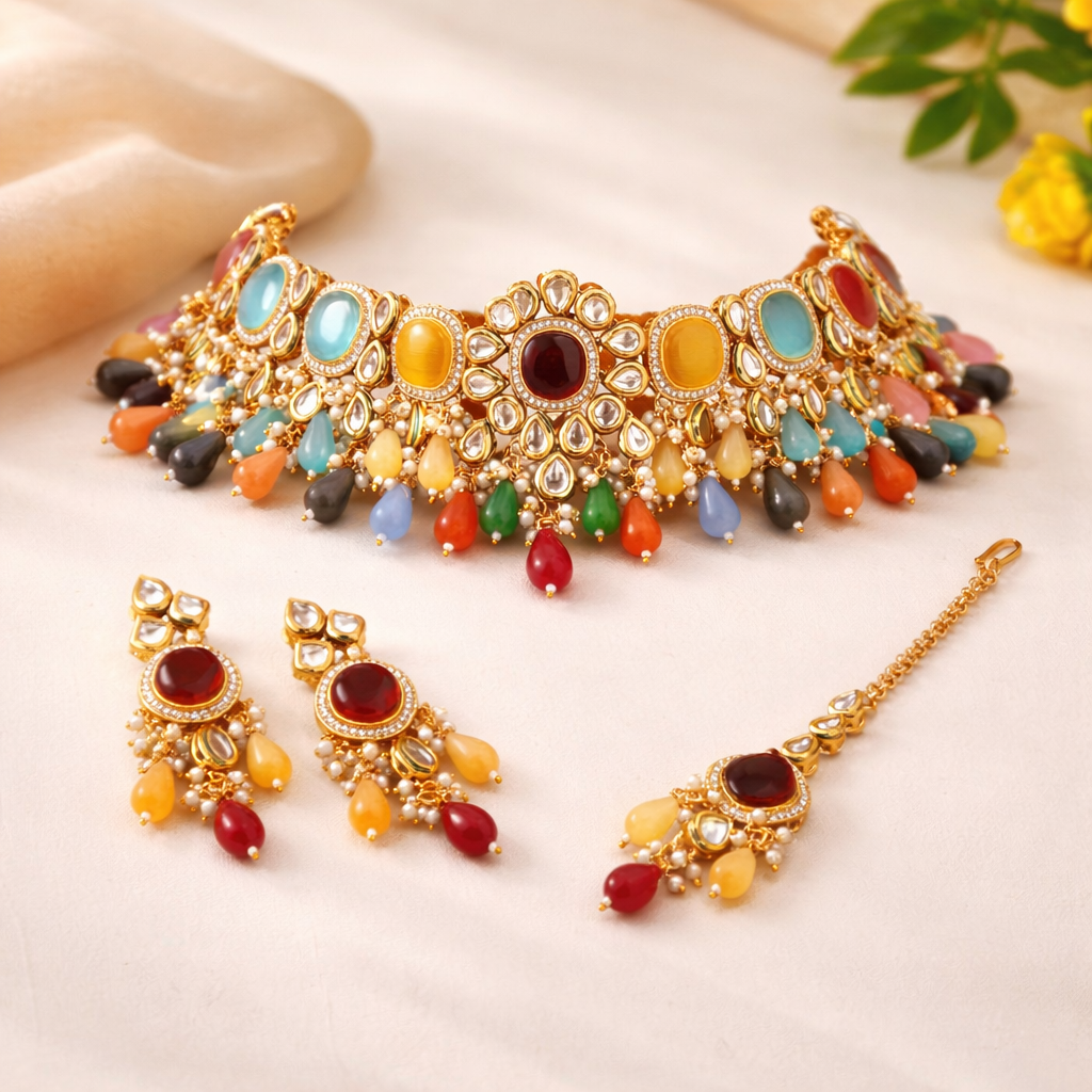 Traditional Multicolour Kundan Choker Set for Weddings