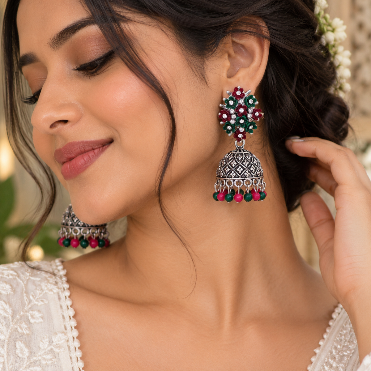 dual bloom oxidised jhumkas