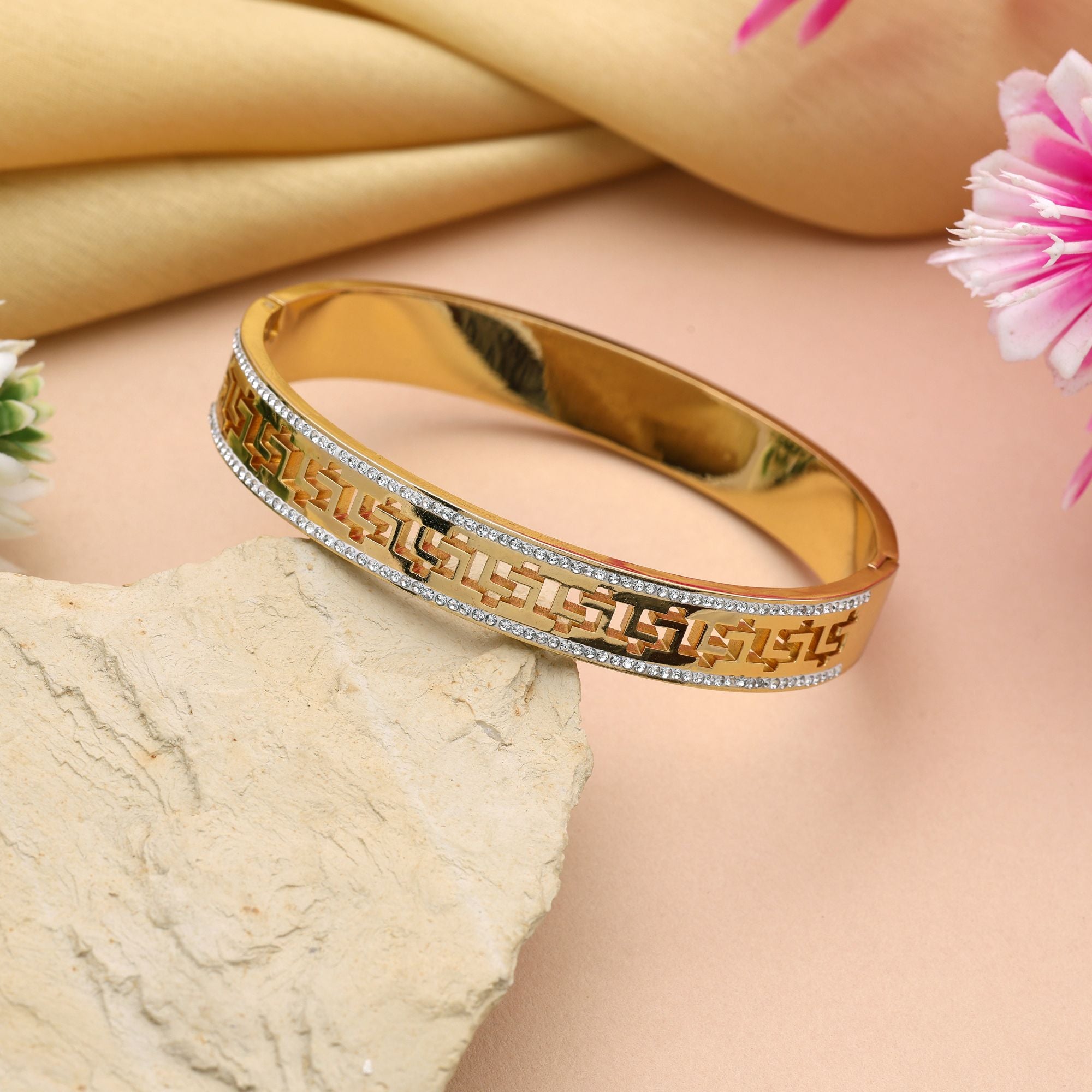 Beautiful Gold Color Openable American Diamond Bracelet With Elegant Look For Formal Occasions