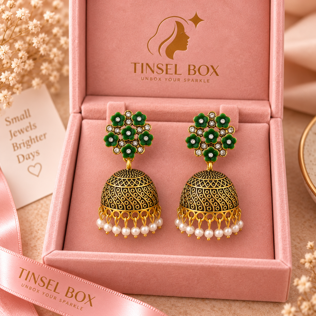 green antique oxidised jhumkis