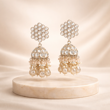 Exclusive White Color Kundan Earrings With Antique Touch Perfect For Party And Bridal Wear