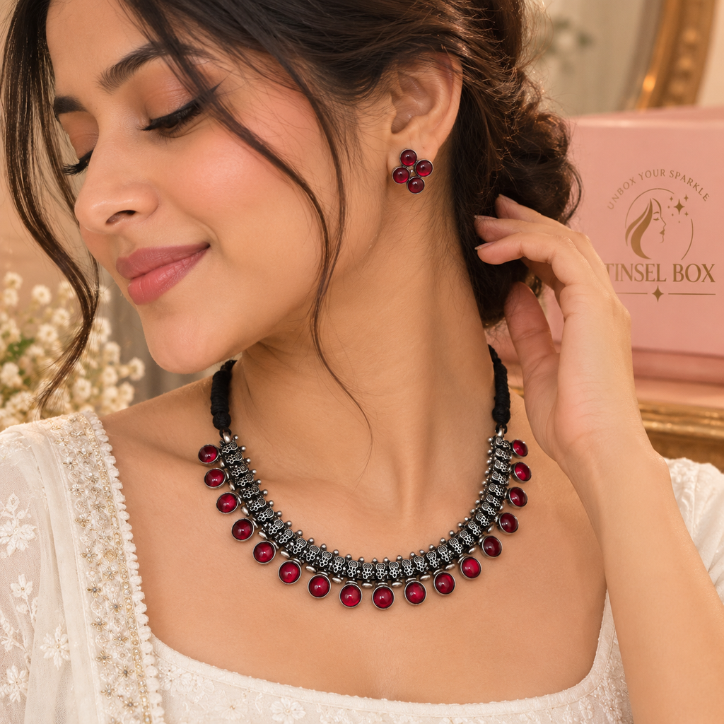 gypsy ruby oxidised necklace set
