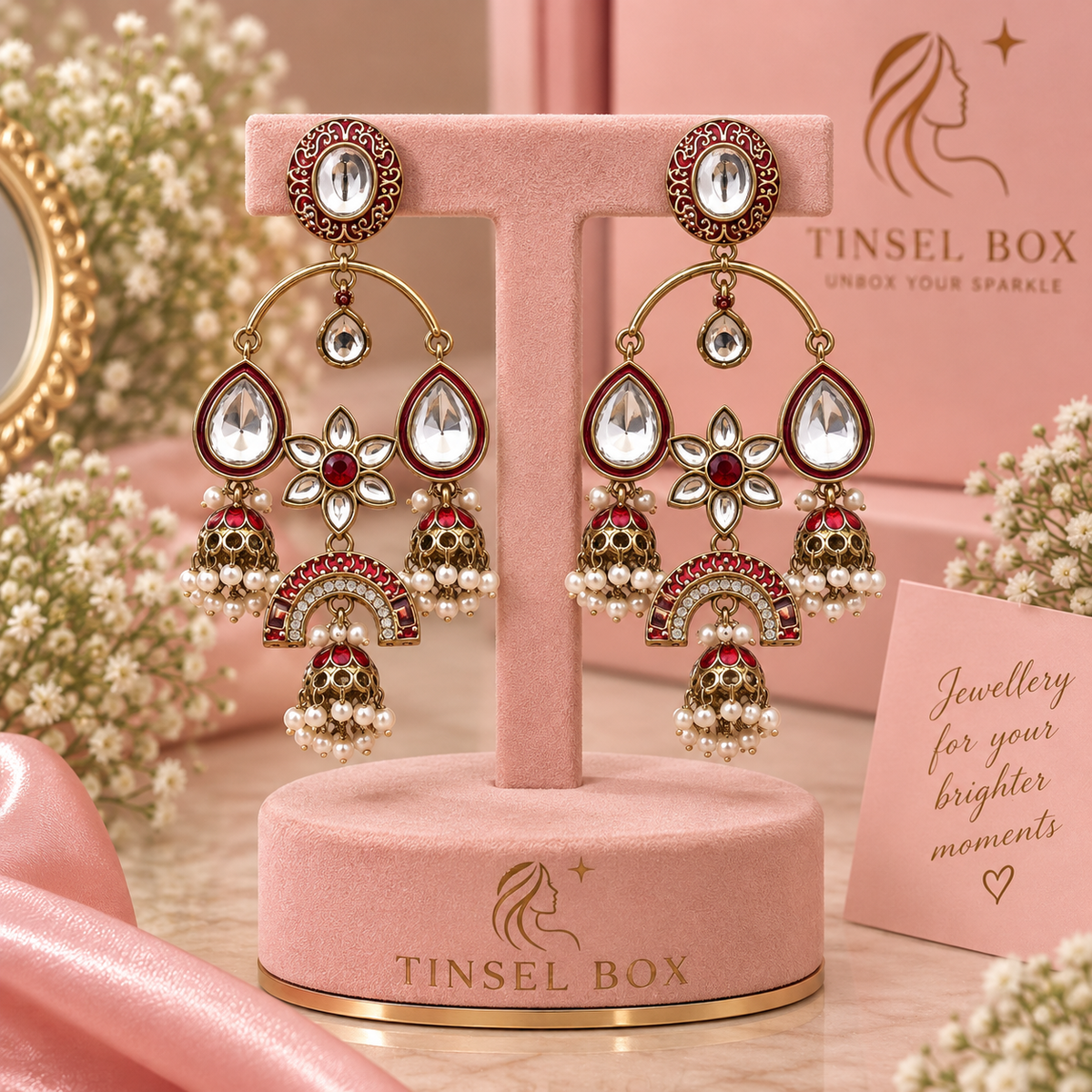 Maroon Kundan Chandeliers
