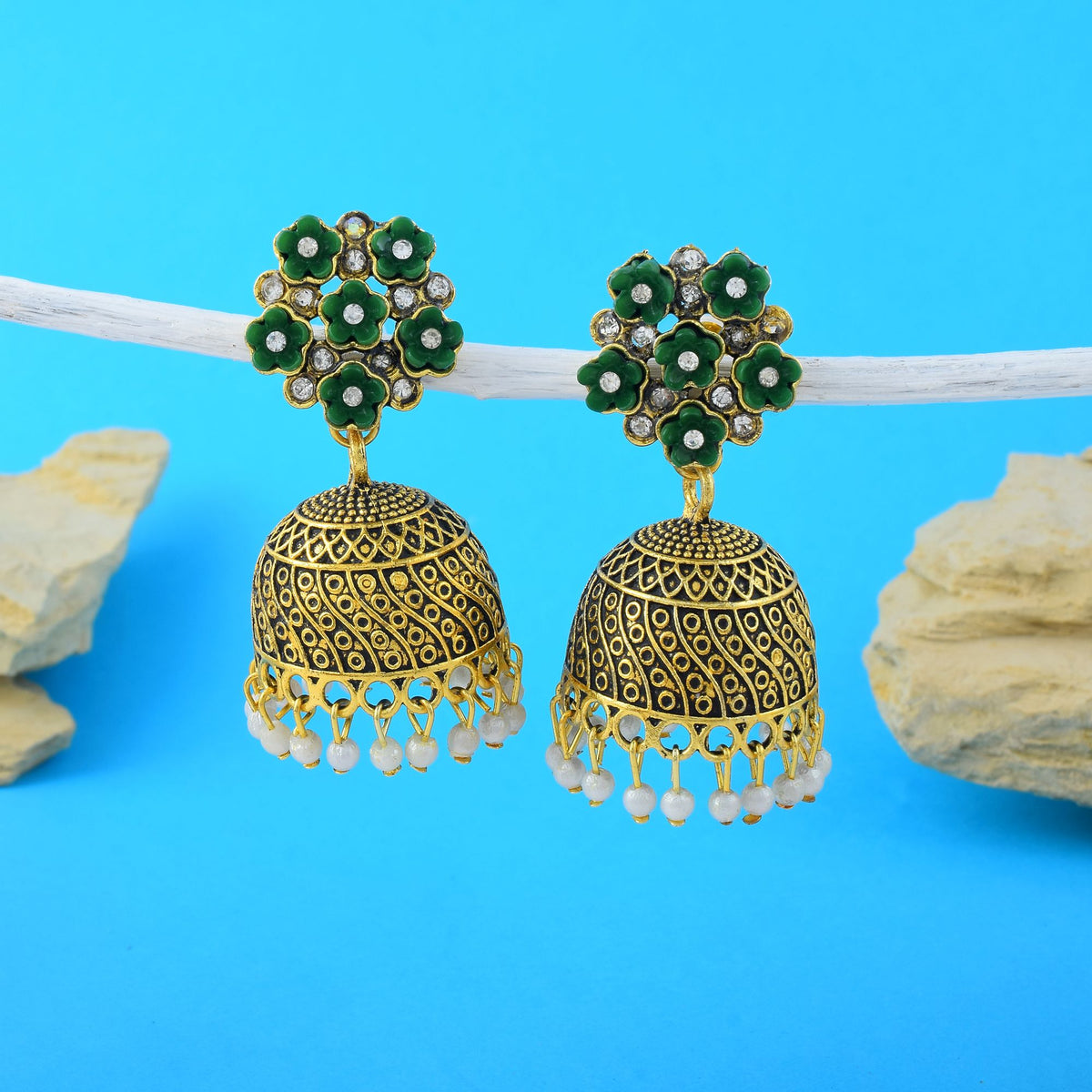 green antique oxidised jhumkis