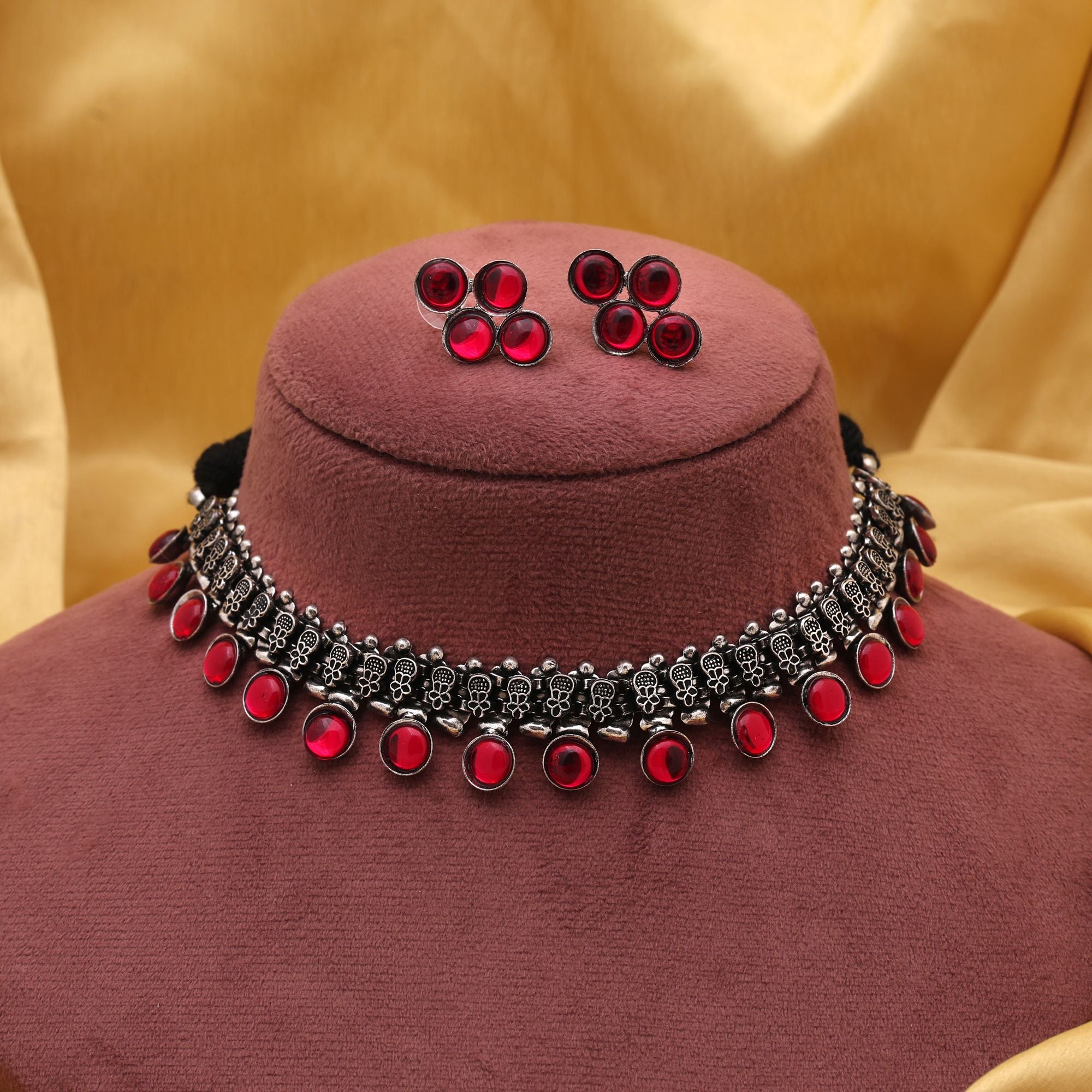 Elegant Red Color Oxidised Necklace Set Designed For Womenâ€™S Traditional Fashion Jewelry