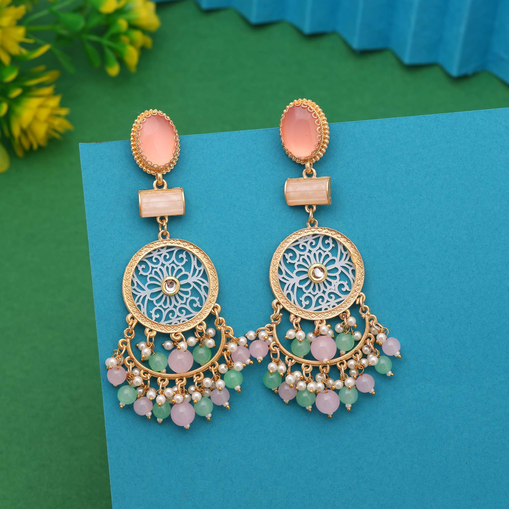 Pink & Pista Green Color Multitone Amrapali Earrings For Elegant Ethnic Outfits