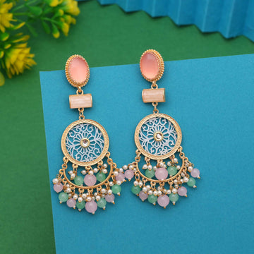 Pink & Pista Green Color Multitone Amrapali Earrings For Elegant Ethnic Outfits