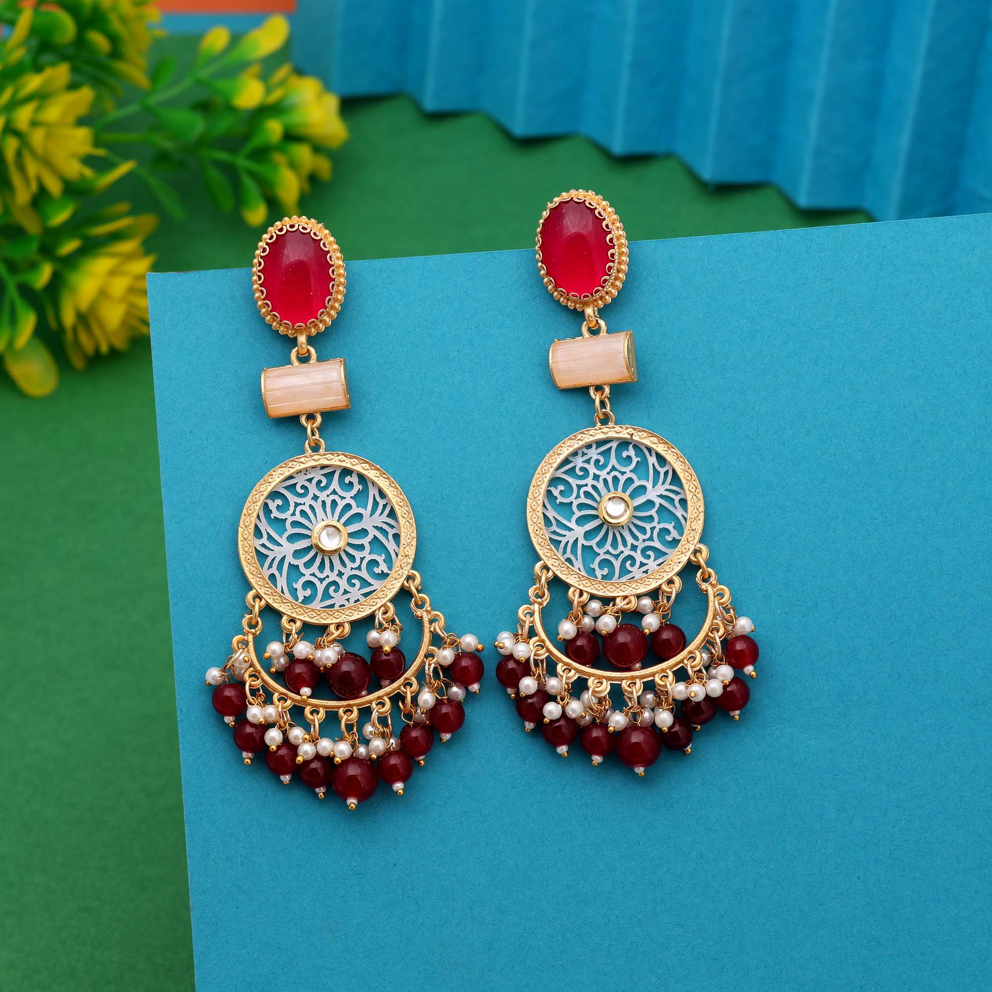 Maroon Color Traditional Bridal Look Amrapali Earrings For Wedding Occasions
