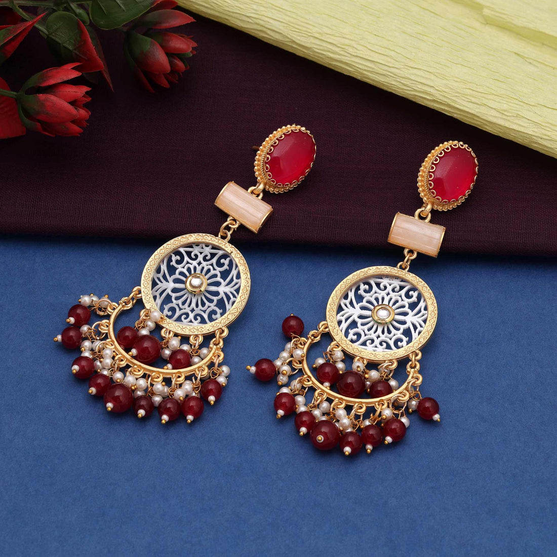 Maroon Color Traditional Bridal Look Amrapali Earrings For Wedding Occasions