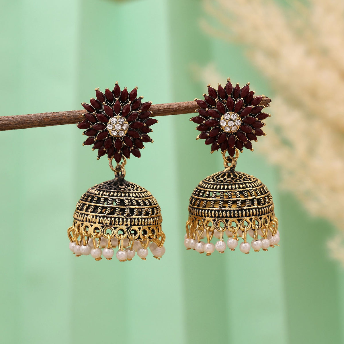 maroon oxidised jhumkas