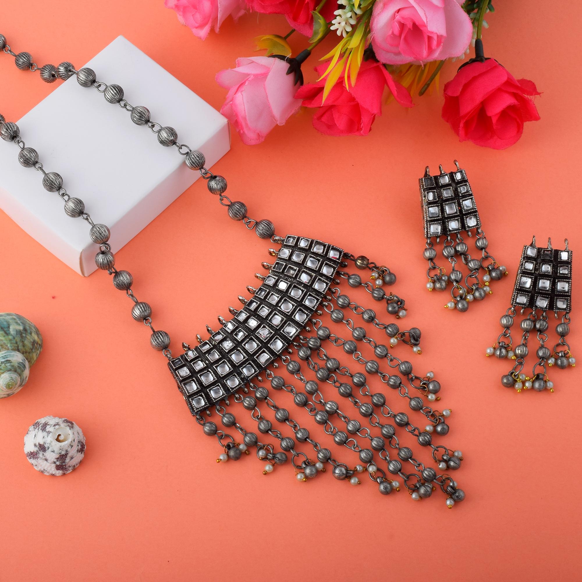 Stylish Silver Color Oxidised Necklace Set With Delicate Carvings And Design