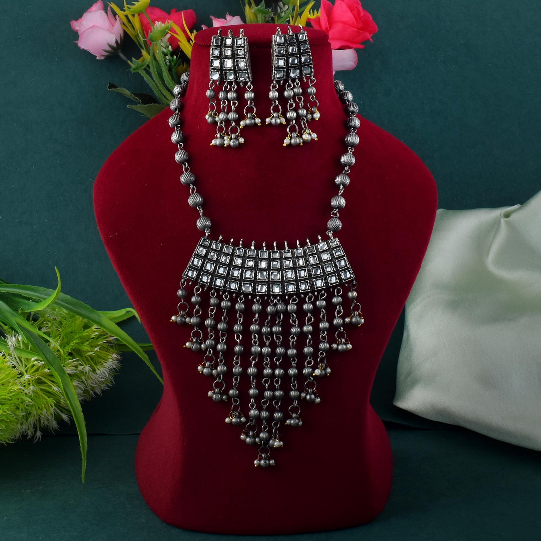Stylish Silver Color Oxidised Necklace Set With Delicate Carvings And Design