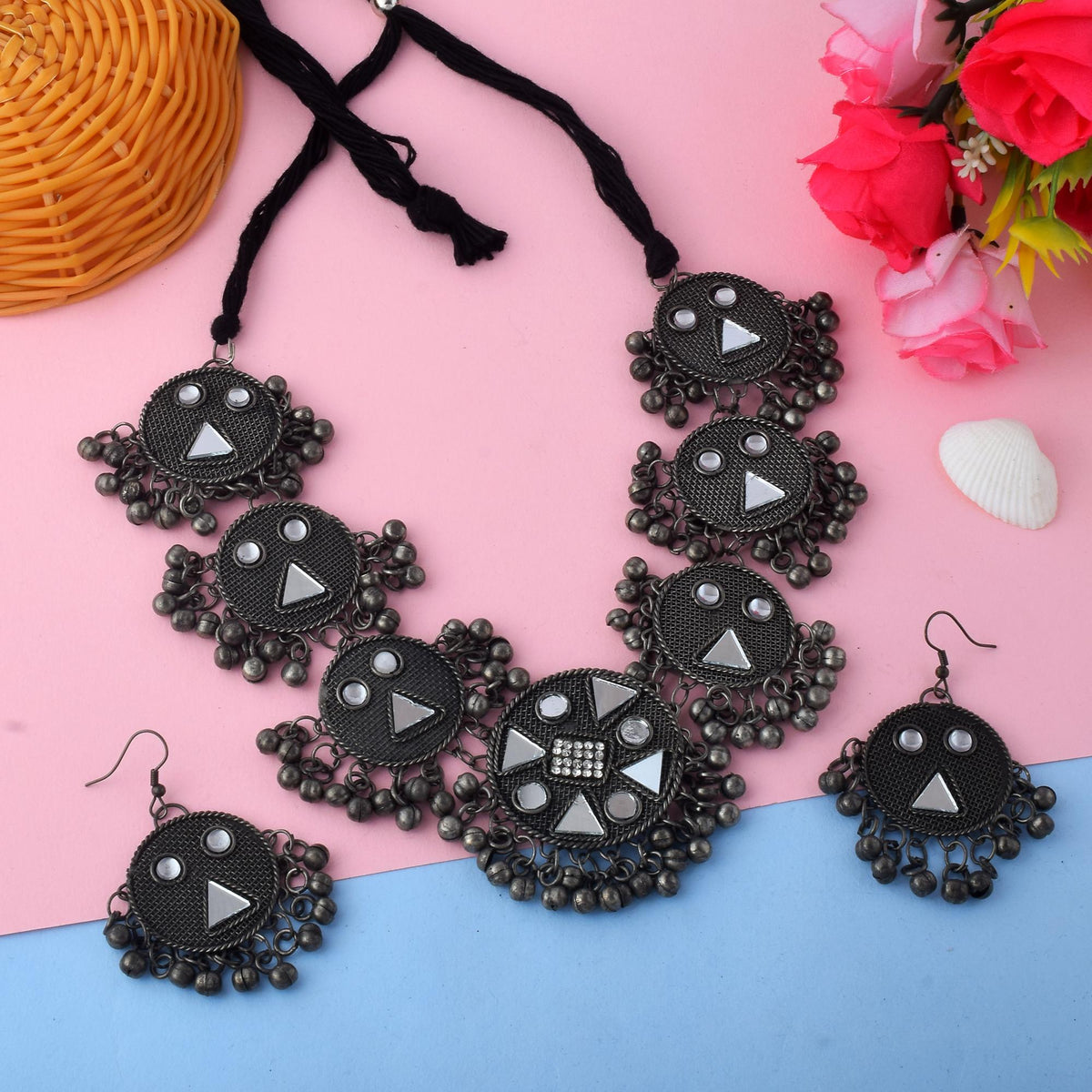 oxidised mirror necklace set
