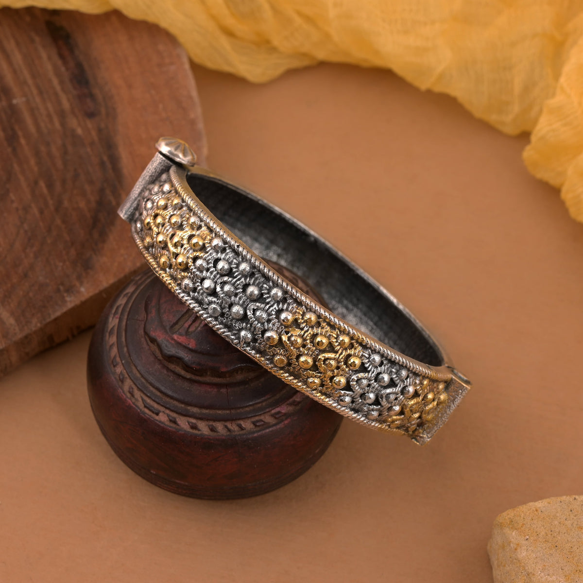 oxidised silver-gold carved kada