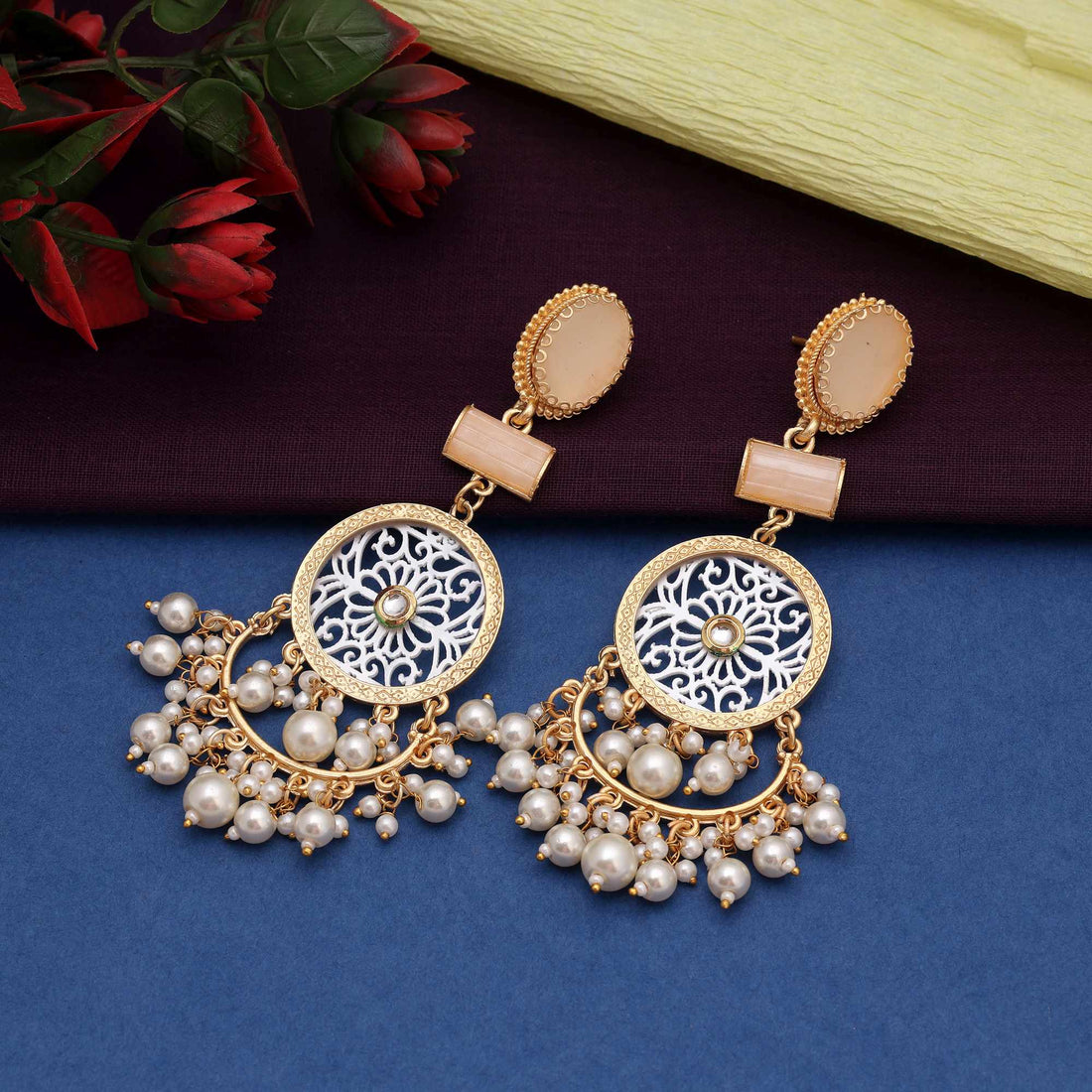 White Color Elegant Polished Designer Amrapali Earrings For Brides And Women