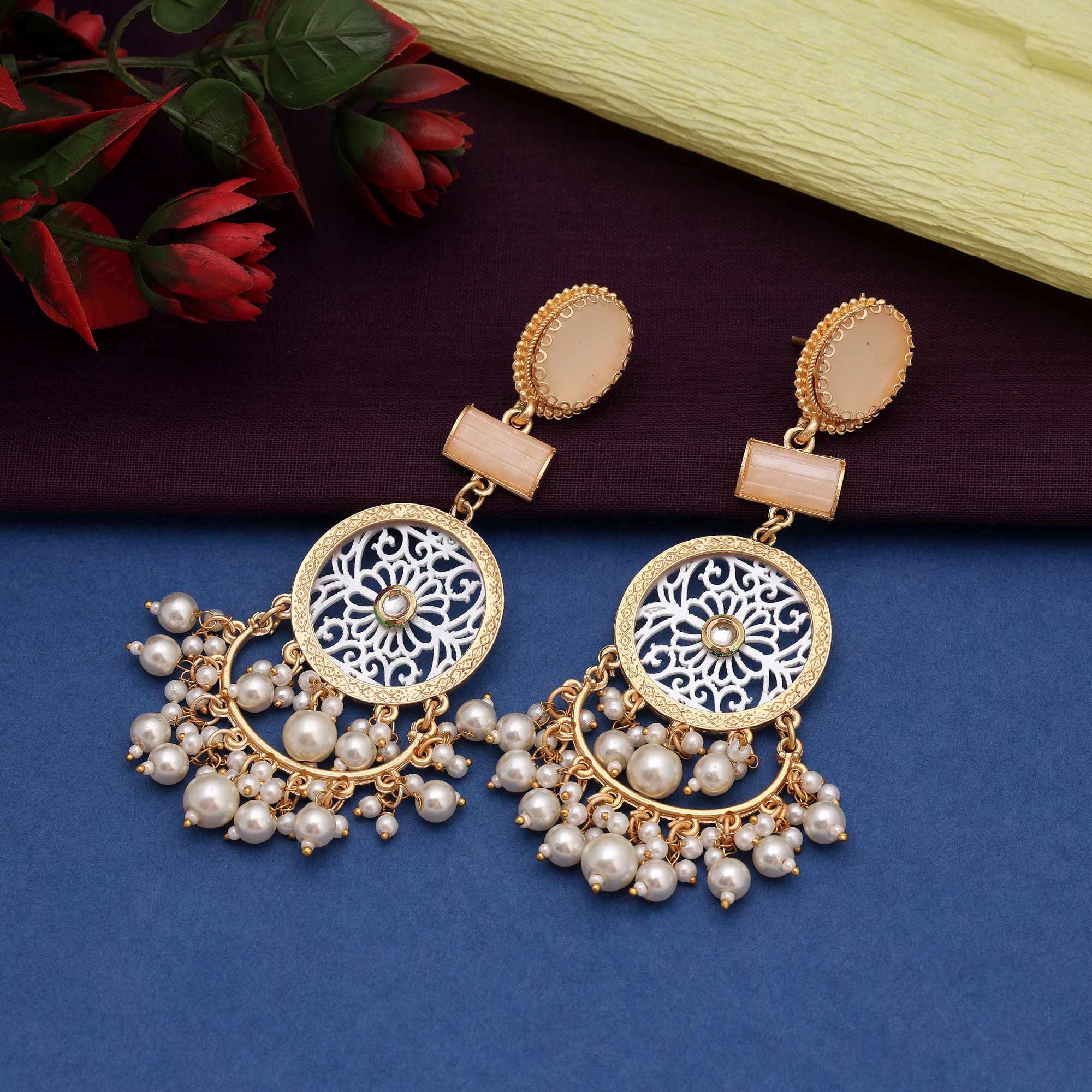 White Color Elegant Polished Designer Amrapali Earrings For Brides And Women
