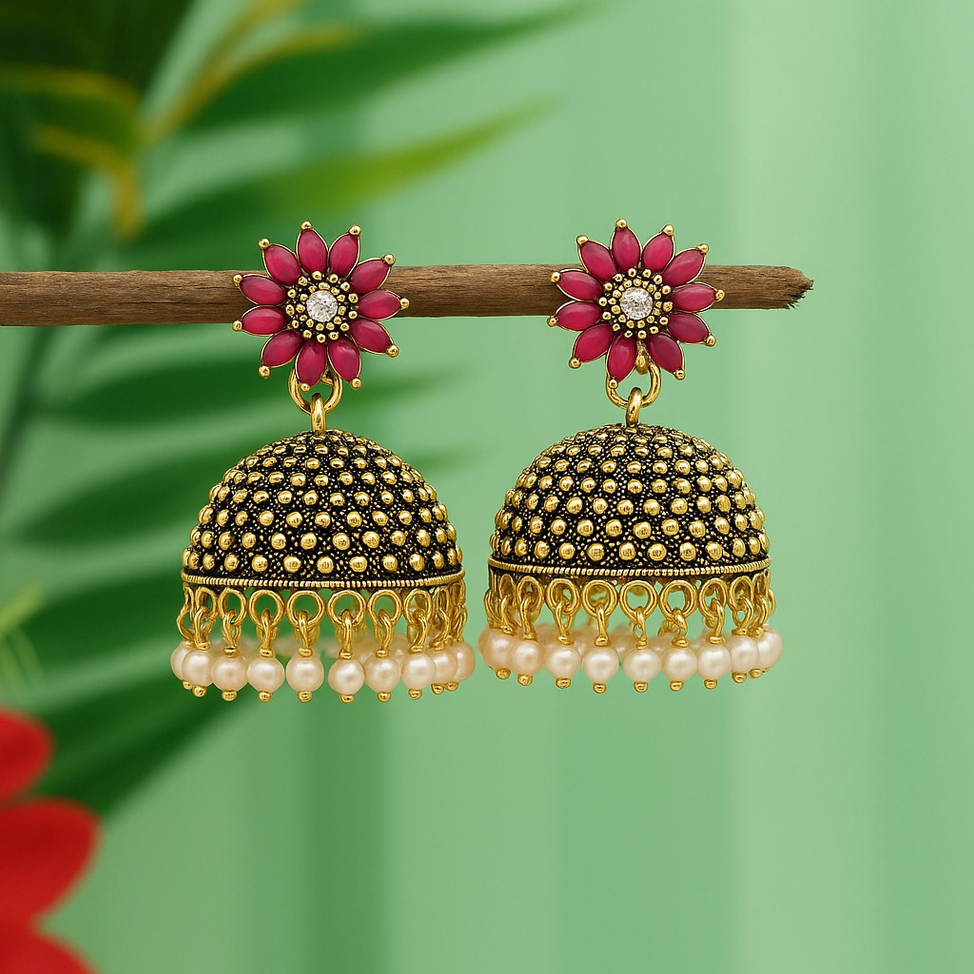 Beautiful Rani Color Oxidised Earrings Designed For Bridal Fashion Jewelry And Cultural Functions