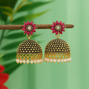 Beautiful Rani Color Oxidised Earrings Designed For Bridal Fashion Jewelry And Cultural Functions
